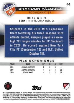 2021 Topps Chrome MLS #44 Brandon Vázquez Back