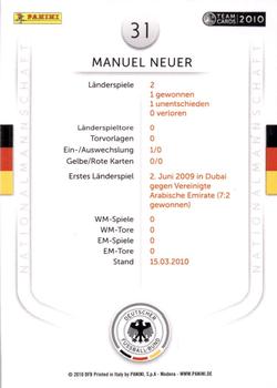 2010 Panini Die Nationalmannschaft #31 Manuel Neuer Back