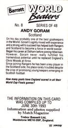 1993-94 Barratt World Beaters #8 Andy Goram Back