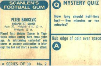 1965-66 Scanlen's Football Gum #2 Peter Banicevic Back