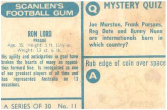 1965-66 Scanlen's Football Gum #11 Ron Lord Back