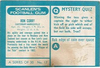 1965-66 Scanlen's Football Gum #17 Ron Corry Back