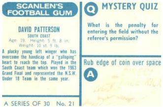 1965-66 Scanlen's Football Gum #21 David Patterson Back