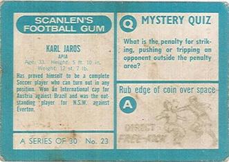 1965-66 Scanlen's Football Gum #23 Karl Jaros Back