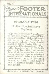 1926 Amalgamated Press Famous Footer Internationals #1 Dick Pym Back