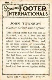 1926 Amalgamated Press Famous Footer Internationals #2 John Townrow Back