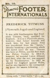 1926 Amalgamated Press Famous Footer Internationals #10 Fred Titmuss Back