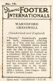 1926 Amalgamated Press Famous Footer Internationals #15 Warney Cresswell Back