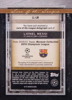2020-21 Topps Museum Collection UEFA Champions League - Lore of the League Autographs Emerald #LL-LM Lionel Messi Back