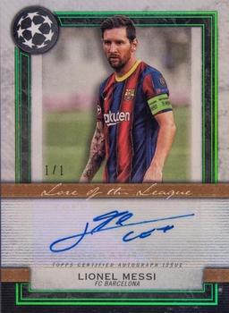 2020-21 Topps Museum Collection UEFA Champions League - Lore of the League Autographs Emerald #LL-LM Lionel Messi Front
