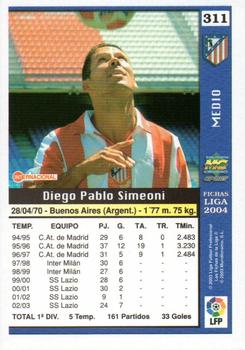 2003-04 Mundicromo Las Fichas de la Liga 2004 #311 Simeone Back