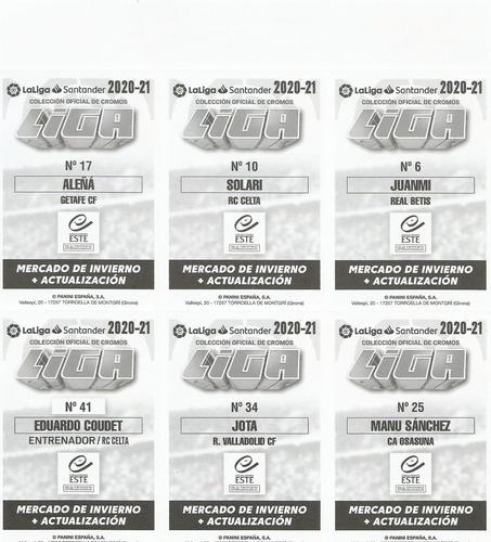 2020-21 Panini LaLiga Santander Este Stickers - Mercado de Invierno Jugon Sheets #3 Juanmi / Augusto Solari / Carles Alena / Manu Sanchez / Jota / Eduardo Coudet Back
