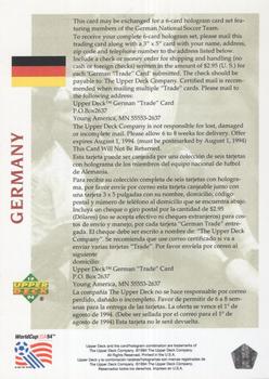 1994 Upper Deck World Cup Contenders English/Spanish - Upper Deck Salutes Germany Redemption #NNO Upper Deck Salutes Germany Trade Card Back
