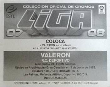 2007-08 Panini Liga Este Stickers #NNO Valeron Back