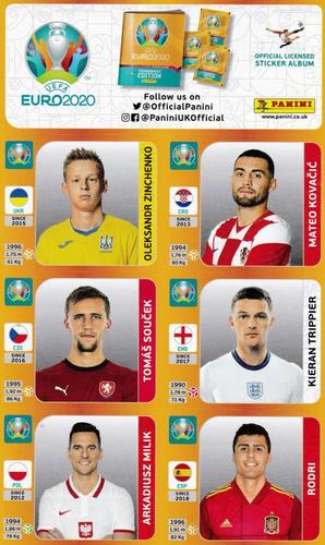2021 Panini UEFA Euro 2020 Tournament Edition - Sun Promo Sheets #1 Oleksandr Zinchenko / Mateo Kovacic / Tomas Soucek / Kieran Trippier / Arkadiusz Milik / Rodri Front