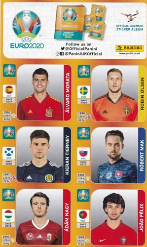 2021 Panini UEFA Euro 2020 Tournament Edition - Sun Promo Sheets #4 Alvaro Morata / Robin Olsen / Kieran Tierney / Robert Mak / Adam Nagy / Joao Felix Front