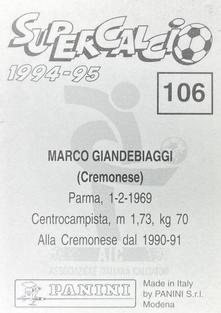 1994-95 Panini Supercalcio Stickers #106 Marco Giandebiaggi Back