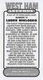 2015 Philip Neill West Ham Legends #14 Ludek Miklosko Back