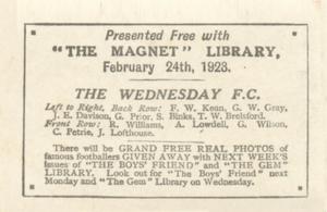 1923 The Magnet Library Football Teams 2nd Series #NNO The Wednesday F.C. Back