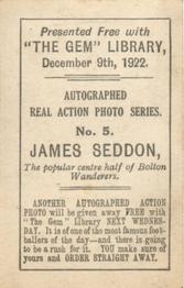 1922 The Gem Library Autographed Real Action Photo Series #5 James Seddon Back