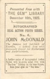 1922 The Gem Library Autographed Real Action Photo Series #6 John McDonald Back