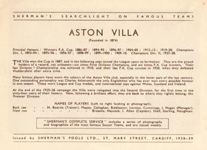 1938 Shermans Pools Searchlight on Famous Teams #NNO Aston Villa Back