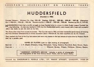 1938 Shermans Pools Searchlight on Famous Teams #NNO Huddersfield Town Back
