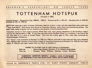 1938 Shermans Pools Searchlight on Famous Teams #NNO Tottenham Hotspur Back