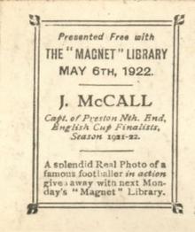 1922 The Magnet Library Football Real Photos of Famous Footballers #1 Joe McCall Back