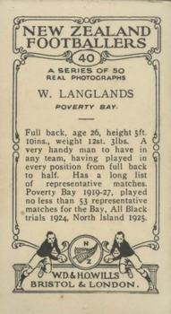 1927 Wills's New Zealand Footballers #40 W. Langlands Back