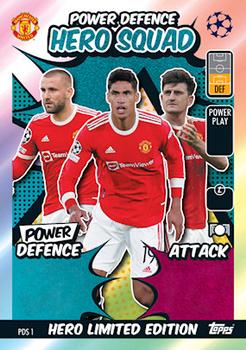 2021-22 Topps Match Attax Champions & Europa League Extra - Power Defence Hero Squad #PDS1 Luke Shaw / Raphaël Varane / Harry Maguire Front