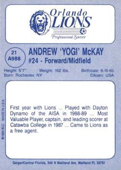 1990 Big League Cards Orlando Lions #21-A988 Andrew 'Yogi' McKay Back