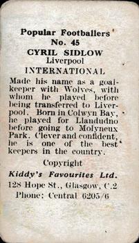 1948 Kiddys Favourites Popular Footballers #45 Cyril Sidlow Back