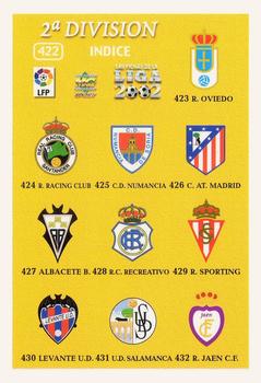 2001-02 Mundicromo Las fichas de la Liga 2002 #422 Indice 2ª División Front