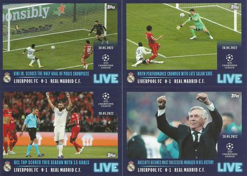 2021-22 Topps UEFA Champions League Sticker Collection - Live Pack 5 #L97-L100 Vinicius Jr. / Thibaut Courtois / Karim Benzema / Carlo Ancelotti Front
