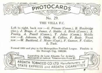 1936 Ardath Photocards Series F: Southern Football Teams #29 The Villa F.C. Back