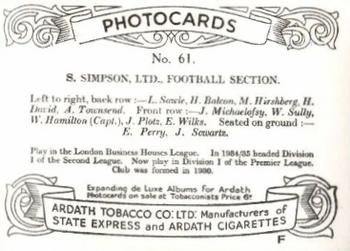1936 Ardath Photocards Series F: Southern Football Teams #61 S. Simpson Ltd. F.S. Back