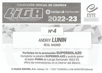 2022-23 Panini LaLiga Santander Este Stickers #4 Andriy Lunin Back