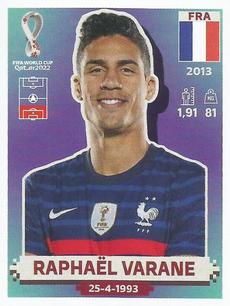 2022 Panini FIFA World Cup: Qatar 2022 Stickers (Blue Fronts w/ White Border) #FRA10 Raphael Varane Front