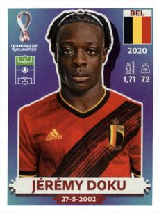 2022 Panini FIFA World Cup: Qatar 2022 Stickers (Blue Fronts w/ White Border) #BEL17 Jeremy Doku Front