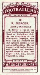 1997 Card Collectors Society 1914 Churchman's Footballers (Brown back) (reprint) #32 Bob Mercer Back
