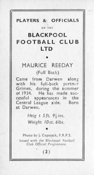 1935-36 Blackpool F.C. Programme Inserts #2 Maurice Reeday Back