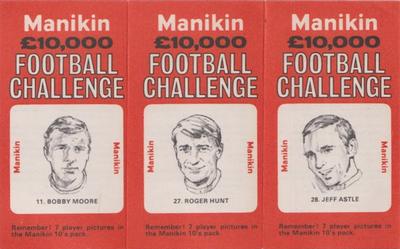 1969 J.R. Freeman Manikin Football Challenge - Uncut Trebles #11 / 27 / 28 Bobby Moore / Roger Hunt / Jeff Astle Front
