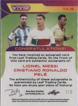 2022 Leaf Vivid - Triple Autographs Orange #TA-16 Lionel Messi / Cristiano Ronaldo / Pelé Back