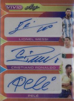 2022 Leaf Vivid - Triple Autographs Orange #TA-16 Lionel Messi / Cristiano Ronaldo / Pelé Front