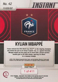 2022 Panini Instant FIFA World Cup Qatar #42 Kylian Mbappé Back