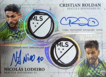 2022 Topps Renaissance MLS - Renaissance Autographed Dual Relics Platinum #ADR-RL Nicolás Lodeiro / Cristian Roldan Front