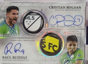 2022 Topps Renaissance MLS - Renaissance Autographed Dual Relics Platinum #ADR-RR Raúl Ruidíaz / Cristian Roldan Front