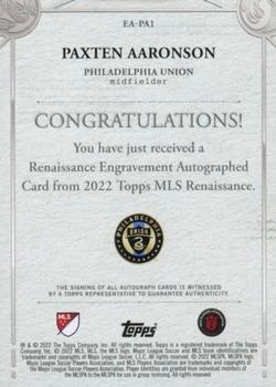 2022 Topps Renaissance MLS - Renaissance Engravement Autographs Ruby #EA-PA1 Paxten Aaronson Back