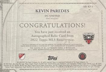 2022 Topps Renaissance MLS - Autographed Relics #AR-KP3 Kevin Paredes Back